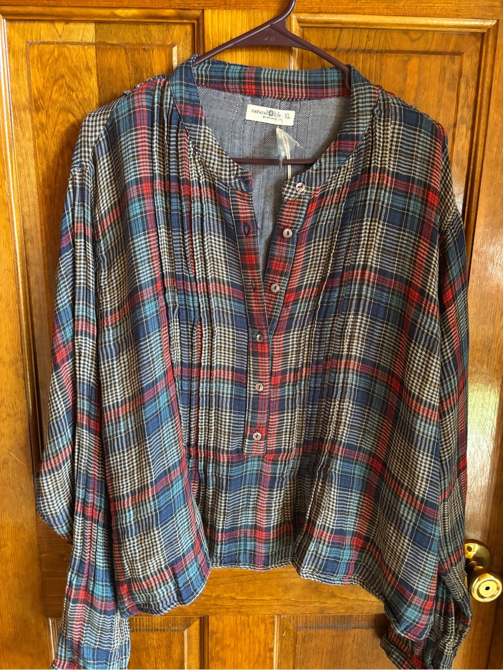 NWT Natural Life Boho Plaid Pintuck Button-Front Blouse – XL